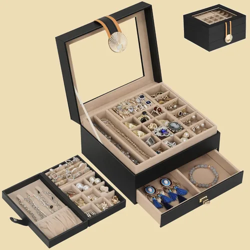 Miniatura 9 de Hzuaneri Joyero de 3 capas, organizador de joyas con tapa de vidrio, 1 soporte individual para joyas, 1 cajón, estuche de joyería de piel sintética