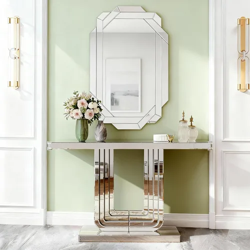 Miniatura 22 de Mesa Consola Negra con Espejo, Mesa de Sofá de Cristal Rectangular de 48 pulgadas con Elementos Tallados Vintage con Espejo, Muebles de Espejo