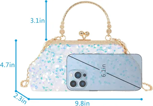 Miniatura 6 de Mini bolso de noche con lentejuelas con purpurina para mujer, bolso de mano de metal con asa superior, correa de cadena, bolso cruzado