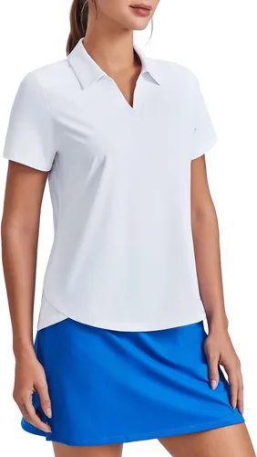 Miniatura 13 de PINSPARK Camiseta de golf para mujer, de manga corta, con protección UPF 50+, camiseta de tenis, cuello en V, para entrenamiento, ropa deportiva