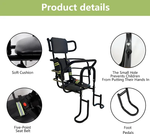 Miniatura 5 de Asiento trasero de bicicleta para niños con reposacabezas ajustable, asiento trasero de bicicleta para niños con pedales y pasamanos. Silla