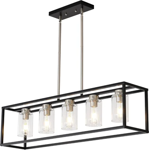 Miniatura 19 de XILICON - Lámpara colgante de comedor estilo granja de níquel cepillado, 5 luces, moderna, lámpara colgante contemporánea con pantalla de cristal