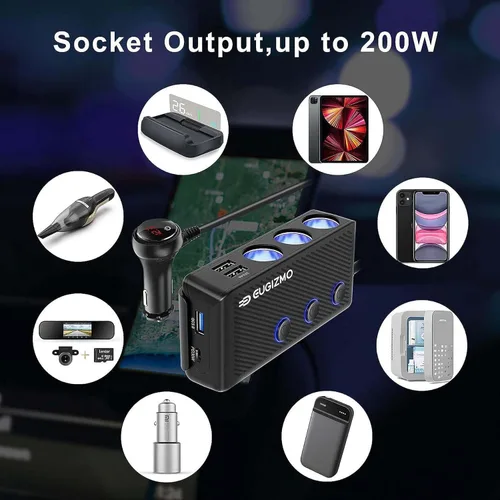 Miniatura 6 de EUGIZMO Divisor de enchufe para encendedor de cigarrillos, 200 W, 3 enchufes, adaptador de encendedor de cigarrillos USB, cable de extensión
