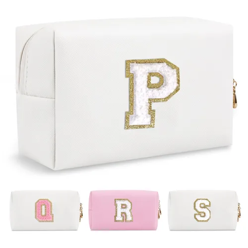 Miniatura 283 de Pequeña bolsa de maquillaje personalizada con inicial A-Z Preppy Patch, bolsa de cosméticos de viaje de felpilla blanca con cremallera, bonita bolsa