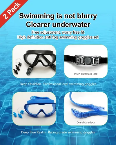 Miniatura 7 de Gafas de natación para adultos, paquete de 2 gafas de natación antivaho con protección UV con correas ajustables, gafas de natación de silicona a