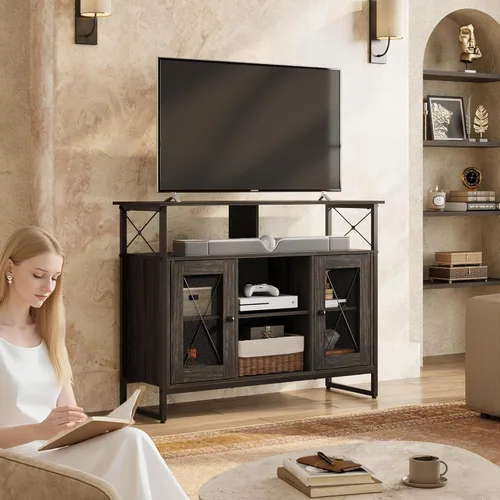 Miniatura 2 de WLIVE Soporte de TV para TV de 43 pulgadas, pequeño centro de entretenimiento con gabinete de almacenamiento y estantes ajustables, soportes de TV