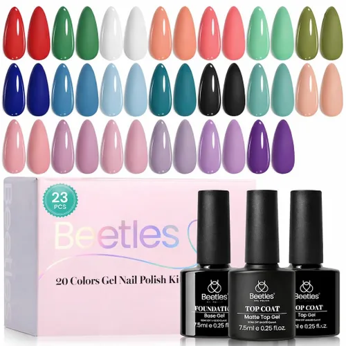 Miniatura 21 de Beetles - Set de 20 esmaltes de gel p/decoración de uñas, colección Fall Yard, purpurina naranja/marrón/rojo/azul marino, semipermanente, LED c/capa