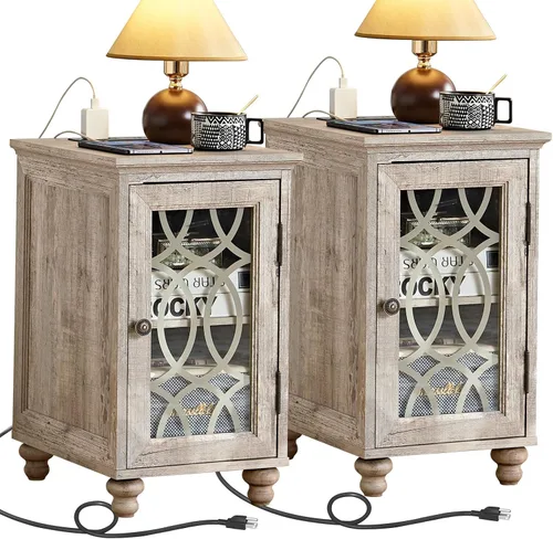 Miniatura 14 de Joaxswe Mesa auxiliar estrecha con puerta de cristal, mesita de noche de 18 x 14 pulgadas con estante ajustable, organizador de gabinete