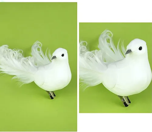 Miniatura 3 de Paquete de 12 palomas blancas artificiales, decoración de palomas blancas con clips de metal, plumas de simulación, mini pájaros blancos con clip