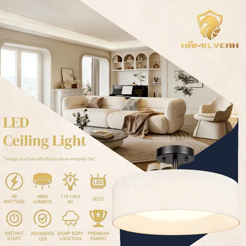 Miniatura 11 de Hamilyeah Lámpara de techo semiempotrada con pantalla de tela blanca, lámparas LED de 12 pulgadas para montaje en techo, lámpara de techo LED