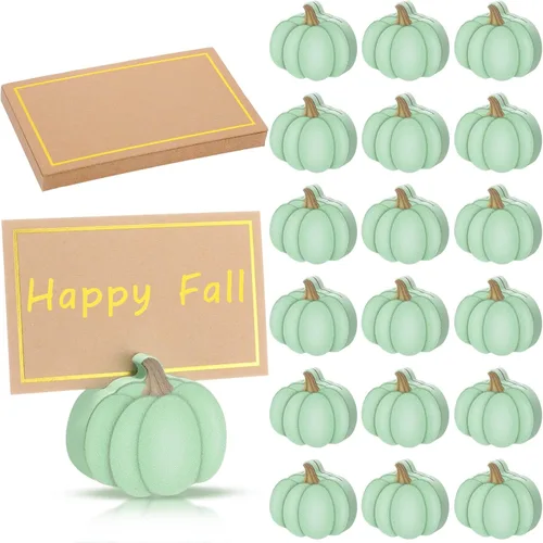 Miniatura 8 de Tradder 18 portatarjetas de lugar de Acción de Gracias con lámina dorada de calabaza, cosecha, mini calabaza, nombre, foto, soporte para fotos, Azul
