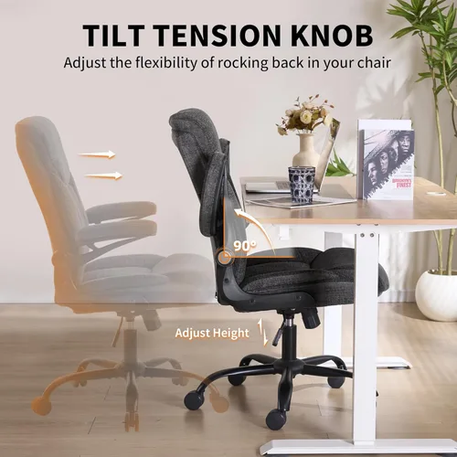 Miniatura 5 de Silla ergonómica de escritorio para oficina en casa, silla ejecutiva de tela cómoda con reposabrazos abatibles, silla de computadora de altura Gris