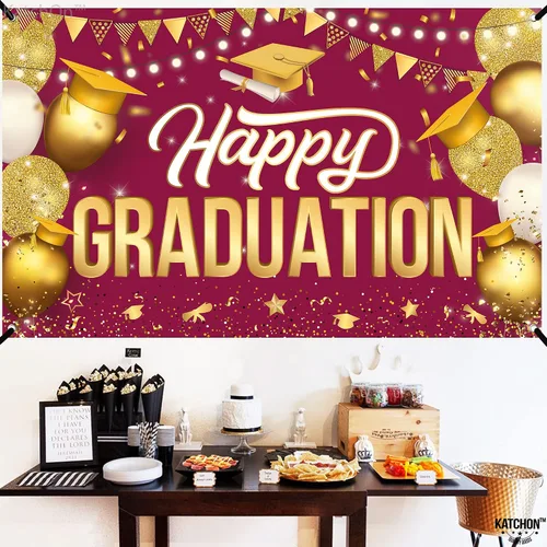 Miniatura 5 de KatchOn, Cartel de feliz graduación granate y dorado XL, 72 x 44 pulgadas Fondo de graduación 2025, decoraciones de graduación clase de 2025