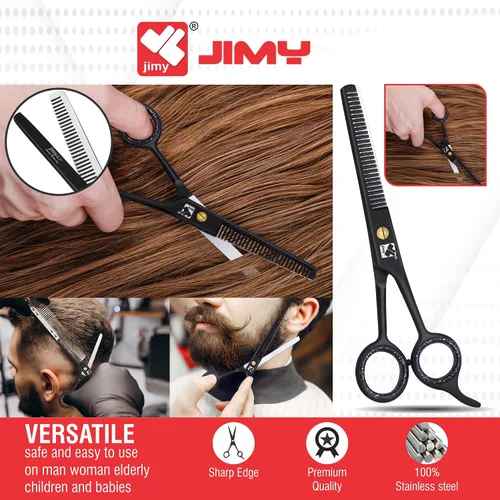 Miniatura 7 de Jimy Tijeras profesionales para adelgazar el cabello de 6.5 pulgadas, acero inoxidable negro ultra afilado, tijeras para adelgazar el cabello