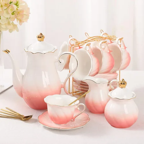DUJUST Juego de té de porcelana de 22 piezas para 6, lujoso juego de tazas de té/café estilo británico con ribete dorado, hermoso juego de té para