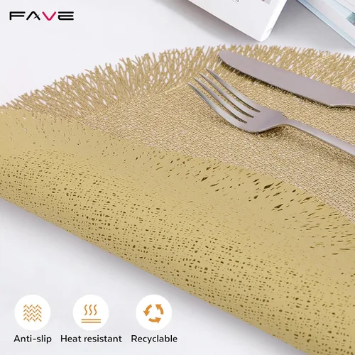 Miniatura 6 de FAVE Juego de 8 manteles individuales redondos de vinilo dorado, con borla decorativa lavable para el arreglo de la mesa, para el comedor del hogar