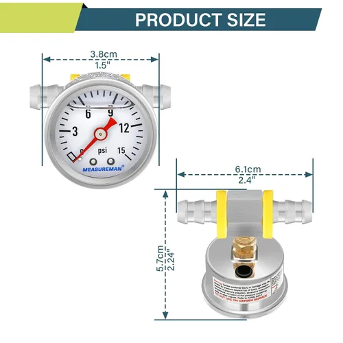 Miniatura 4 de MEASUREMAN - Manómetro, 0 a 15 psi, relleno glicerina, esfera 1.5 pulgadas, caja acero inoxidable 304, montaje central posterior 1/8 NPT, adaptador