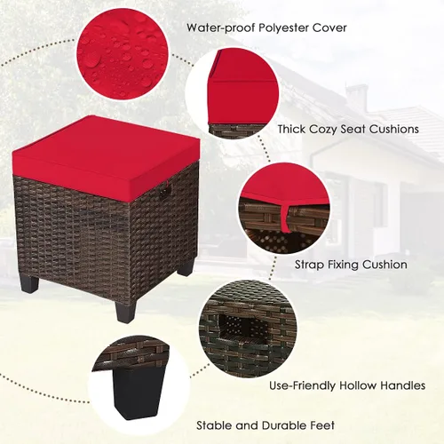 Miniatura 7 de HAPPYGRILL Juego de 2 piezas otomanas de mimbre de ratán para exteriores, con cojines extraíbles, muebles de patio, reposapiés, asiento para Marrón