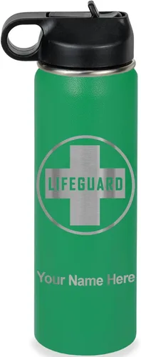 Miniatura 35 de LaserGram Botella de agua personalizada, salvavidas, acero inoxidable de doble pared aislada al vacío con popote superior, regalo grabado Negro
