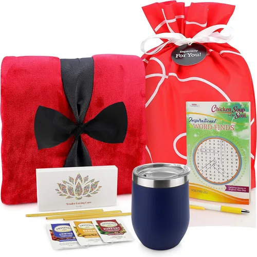 Caja de regalo “Get Well” (“Mejórate pronto”), incluye manta de lujo, té, sopa de pollo y libro con juegos de palabras, regalos para mujeres, para