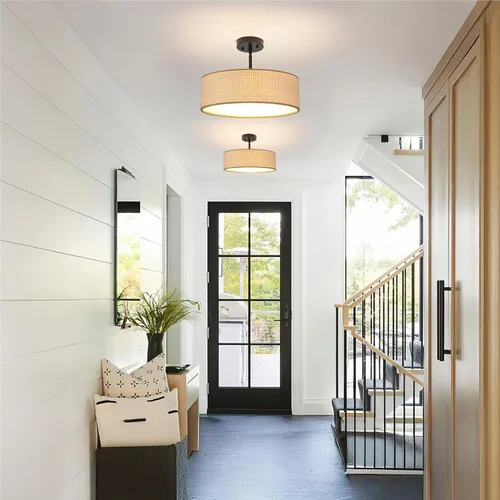 Miniatura 2 de Rattan Sloped Ceiling Light, 16.53" Woven Semi Flush Mount Boho Fabric Drum Shade, Pendant Lighting, for Dining Room, Foyer, Living Room, Hallway