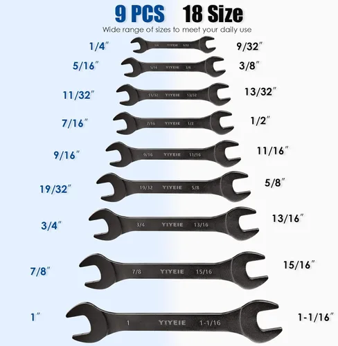 Miniatura 2 de YIYEIE Juego de llaves superfinas de 9 piezas, SAE 1/4" a 1-1/16", niquelado, acero CR-V, juego de llaves de extremo abierto ultradelgadas con Negro
