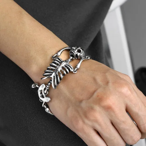 Miniatura 48 de U7 Pulseras góticas de calavera para hombres y mujeres, acero inoxidable, chapado en oro de 18 quilates, plata, negro, punk, esqueleto punk