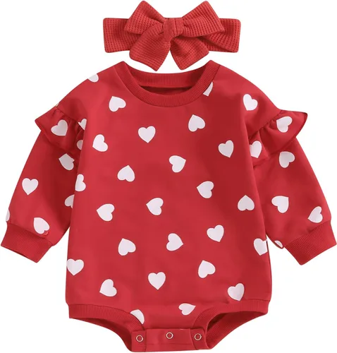 Miniatura 43 de SOLILOQUY Traje de manga larga con cuello redondo para el primer día de San Valentín para bebé niño y niña, mameluco de corazón de amor