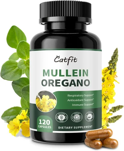 Mullein Cápsulas de aceite de orégano para pulmones desintoxicante 7 en 1 puro extracto de hoja de gordolobo, saúco, cúrcuma, menta para apoyo