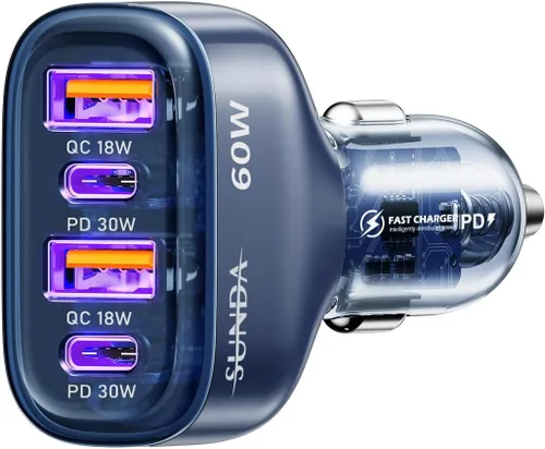 Miniatura 9 de SUNDA Cargador de Coche USB C Rápido de 60W Adaptador de Carga de Coche de 4 Puertos Dual Tipo C PD30W/PPS30W Compatible con iPhone 17/16