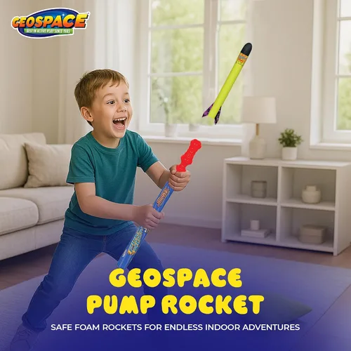 Miniatura 7 de Geospace Juego de cohetes de bomba de mano de tamaño mediano, lanzador individual de 30 pulgadas de largo y cohetes para juego seguro en exteriores