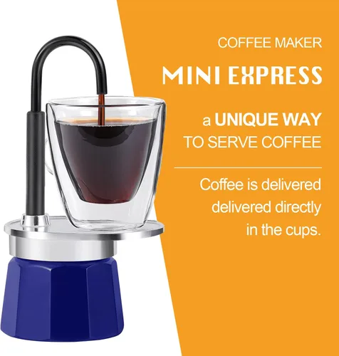 Miniatura 3 de Mini Express Swiss Single Tube Moka Pot Aluminio Azul, El juego de moka incluye una taza de doble pared de 3 onzas, disfruta de un delicioso café