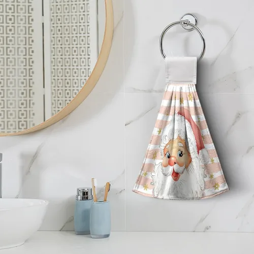 Miniatura 6 de Toallas de cocina de Papá Noel de Navidad, toallas de mano rosas con lazo para colgar, copos de nieve de invierno, toallas de baño suaves