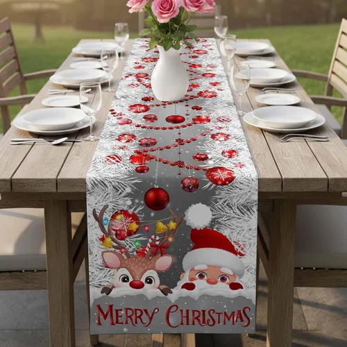 Miniatura 5 de Camino de mesa de Navidad con alce de Papá Noel gris de 120 pulgadas de largo, bufandas de vestir de granja, bolas de Navidad rojas, copo de nieve