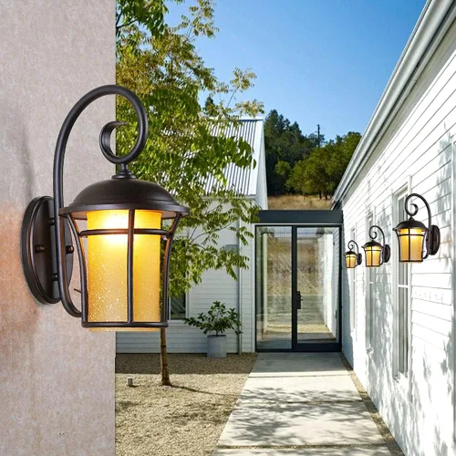 Miniatura 3 de American Country Retro Industria Linterna de pared Negro Lámpara de hierro esmerilado Cuerpo Aplique de pared de cristal amarillo Pantalla es