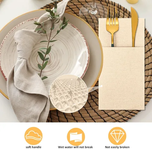 Miniatura 6 de Cindeer 150 piezas de servilletas de cena con sensación de lino champagne con bolsillo plano incorporado para cubiertos, preplegadas, servilletas