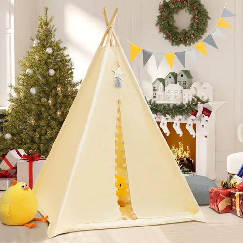 Miniatura 8 de WIRHAO Tienda de campaña tipi para niños con alfombrilla acolchada, lona de algodón, tipi con pompón para niños pequeños, tienda de campaña