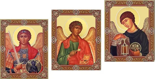 Needzo Arcángeles San Miguel Rafael Gabriel los tres arcángeles iconos de madera de 3 pulgadas, conjunto de 3 - lámina de oro iconos católicos