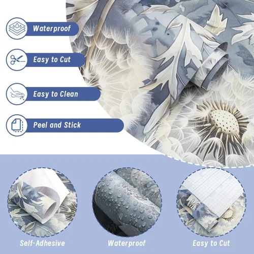 Miniatura 3 de Jeweluck Papel tapiz de contacto floral de 16.9 x 118.1 pulgadas, papel de contacto azul vintage para despegar y pegar, diseño de diente de león