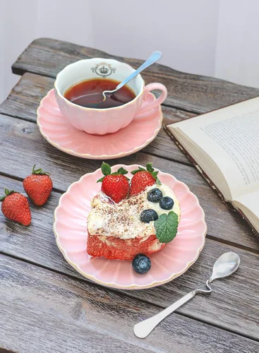 Miniatura 6 de Tazas y platillos de té real, con ribete dorado y caja de regalo, tazas de café británicas, juego de té de porcelana, juego de 6 (8 onzas) - Rosa