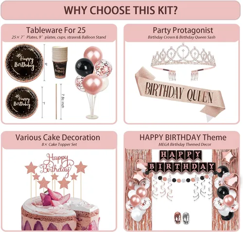 Miniatura 4 de UJoyant Decoraciones de cumpleaños para mujer, 229 piezas de suministros de feliz cumpleaños de oro rosa y negro, juego de vajilla desechable con 25