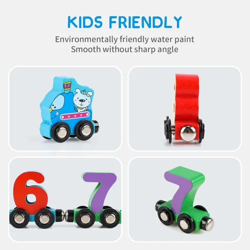 Miniatura 3 de Wondertoys Juego de 12 piezas de tren de madera con números de juguete, incluye 1 motor de autos para niños y niñas, compatible con las principales