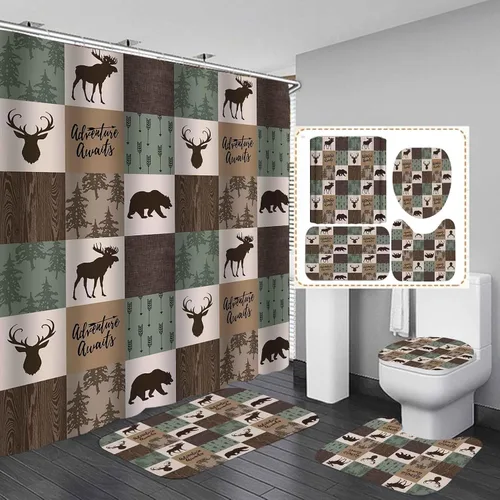 Miniatura 19 de Camille&Andrew - Juego de 4 cortinas de ducha de cabaña, oso negro, ciervo, alce, alce, bosque, caza, cabaña, búfalo, azul, a cuadros, rústico