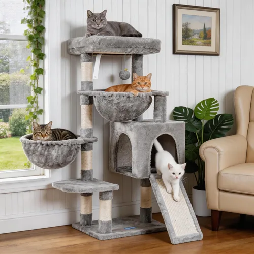 Hey-brother Árbol para gatos, torre para gatos de interior, casa para gatos con cama acolchada grande, condominio acogedor, hamacas, postes claro