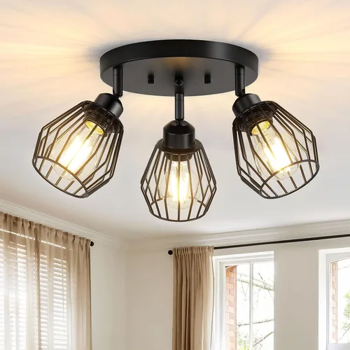 Baocuz Lámparas de cocina de 3 luces, montaje en techo, ajustable, multidireccional, jaula de metal negro, montaje empotrado, para pasillo, comedor,