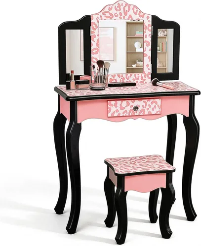 Miniatura 7 de Juego de mesa de tocador y taburete de madera para niños, estación de tocador de maquillaje con espejo desmontable de tres pliegues y cajón