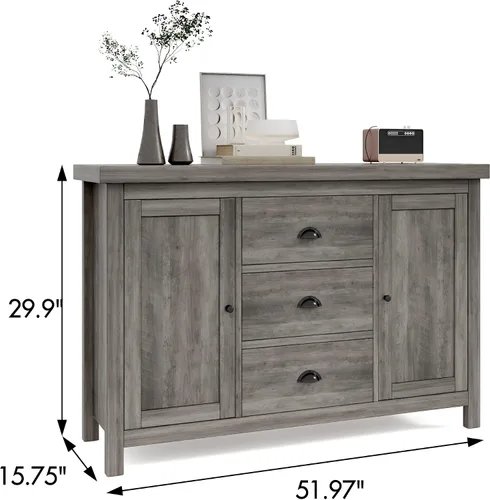Miniatura 3 de Aparador de cocina con estructura de madera resistente, 3 cajones y 2 puertas con amplio espacio de almacenamiento en gris