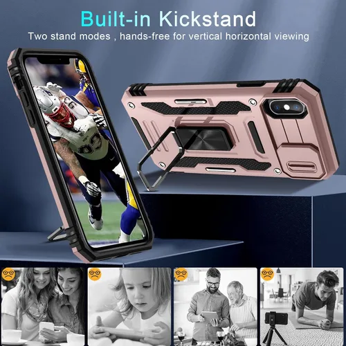 Miniatura 243 de DEERLAMN Funda para iPhone Xs Max con funda deslizante para cámara + protector de pantalla, soporte giratorio de anillo de grado militar a prueba