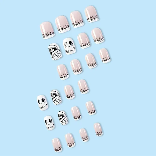 Miniatura 3 de Uñas postizas de punta francesa para Halloween, uñas postizas cortas cuadradas con diseños de parches de calavera, cobertura completa, uñas postizas