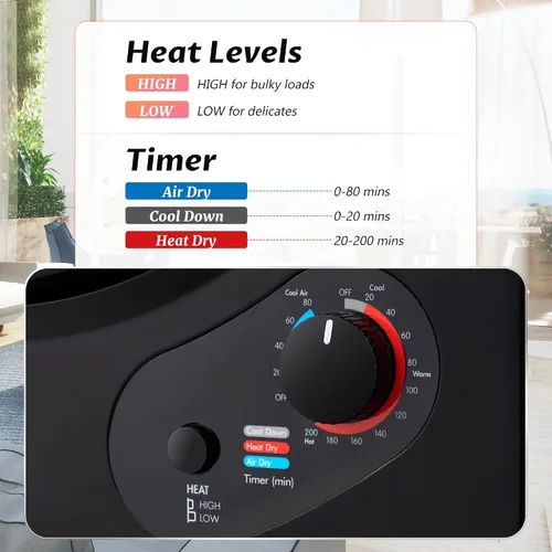 Miniatura 6 de Secadora de ropa portátil, 120 V/850 W, sensor de humedad inteligente, panel de control LCD, calefacción, secadora de ropa con tambor de acero